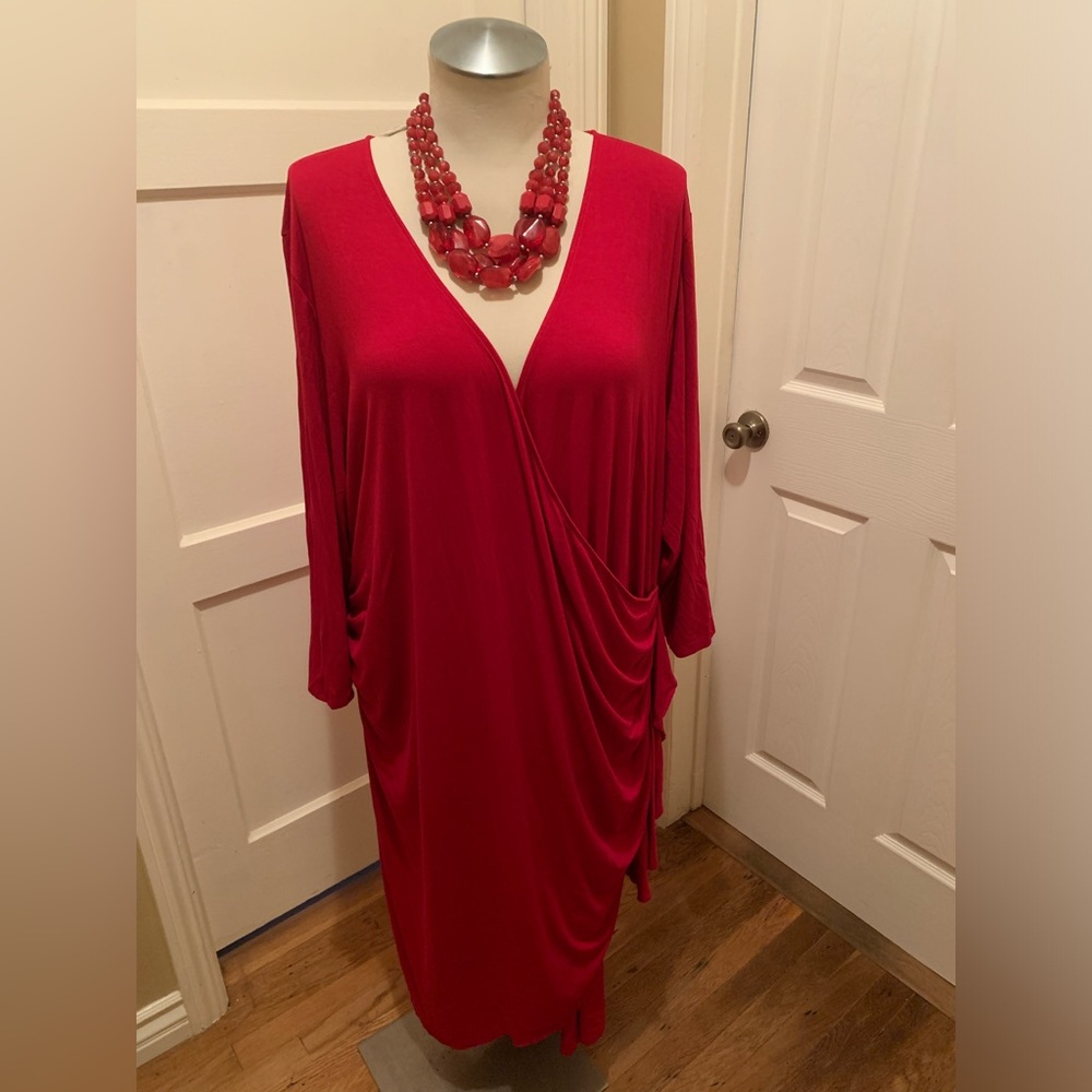 Catherine’s Curvy Collection faux wrap red dress with side ruge & ruffle size 4X